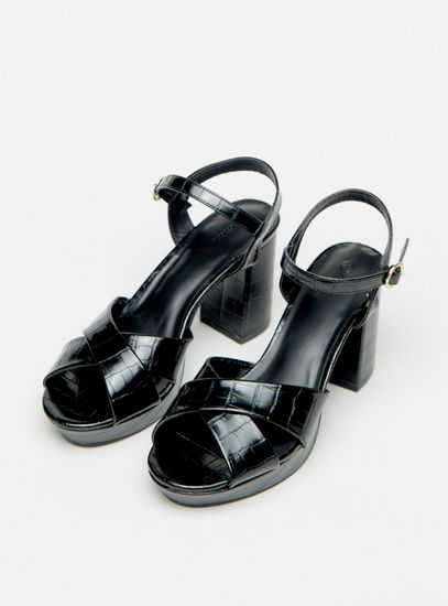 Textured Open Toe Sandals with Buckle Closure and Platform Heels