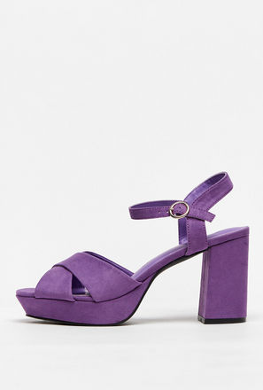 Solid Cross Strap Sandals with Platform Heels and Buckle Closure