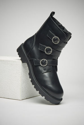 Studded Buckle Detail Boots with Chunky Sole and Zip Closure-mxwomen-shoes-boots-0