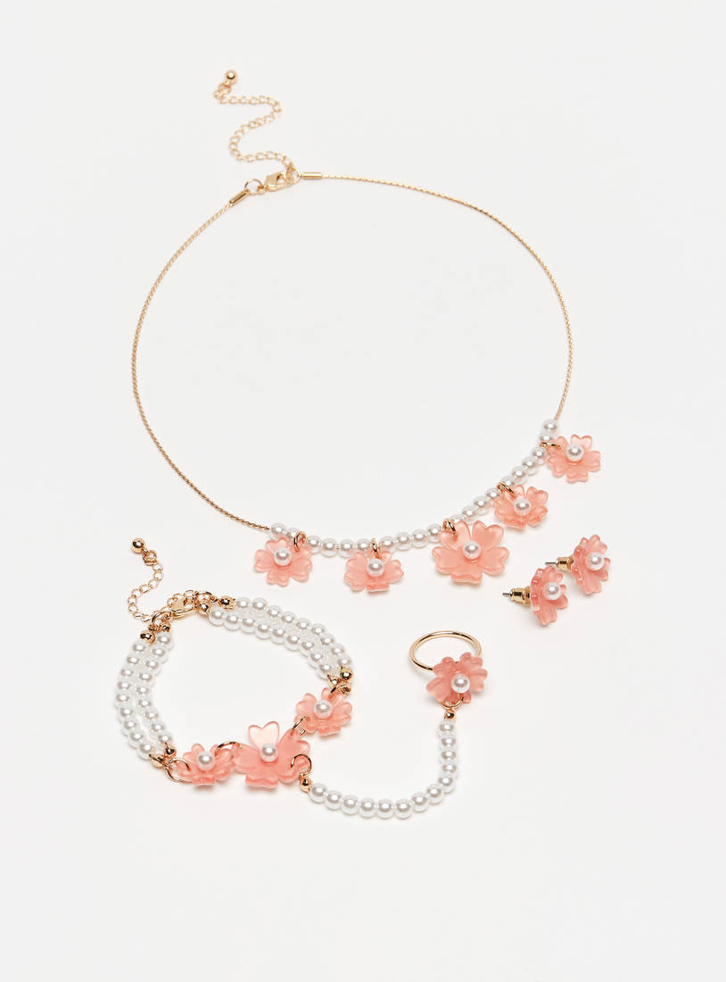 Pearl Embellished Floral 4-Piece Jewellery Set-Sets-image-0