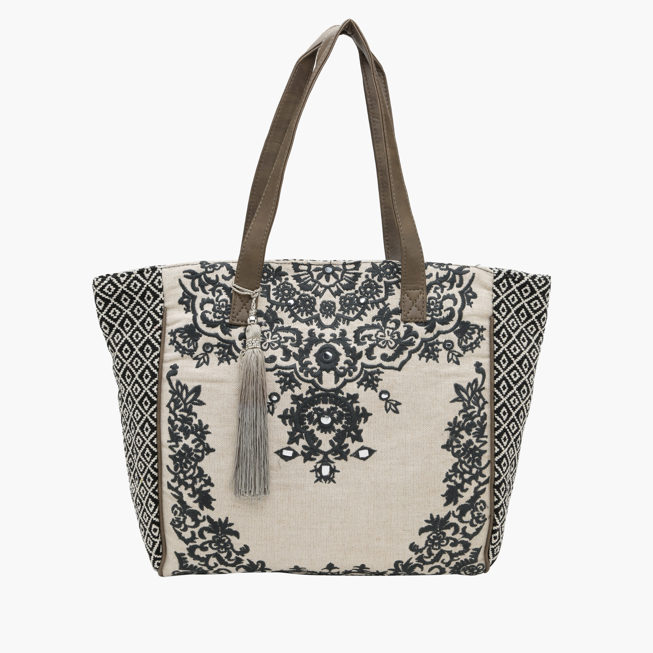 Shop Embroidered Tote Bag with Tassels Online Max Bahrain