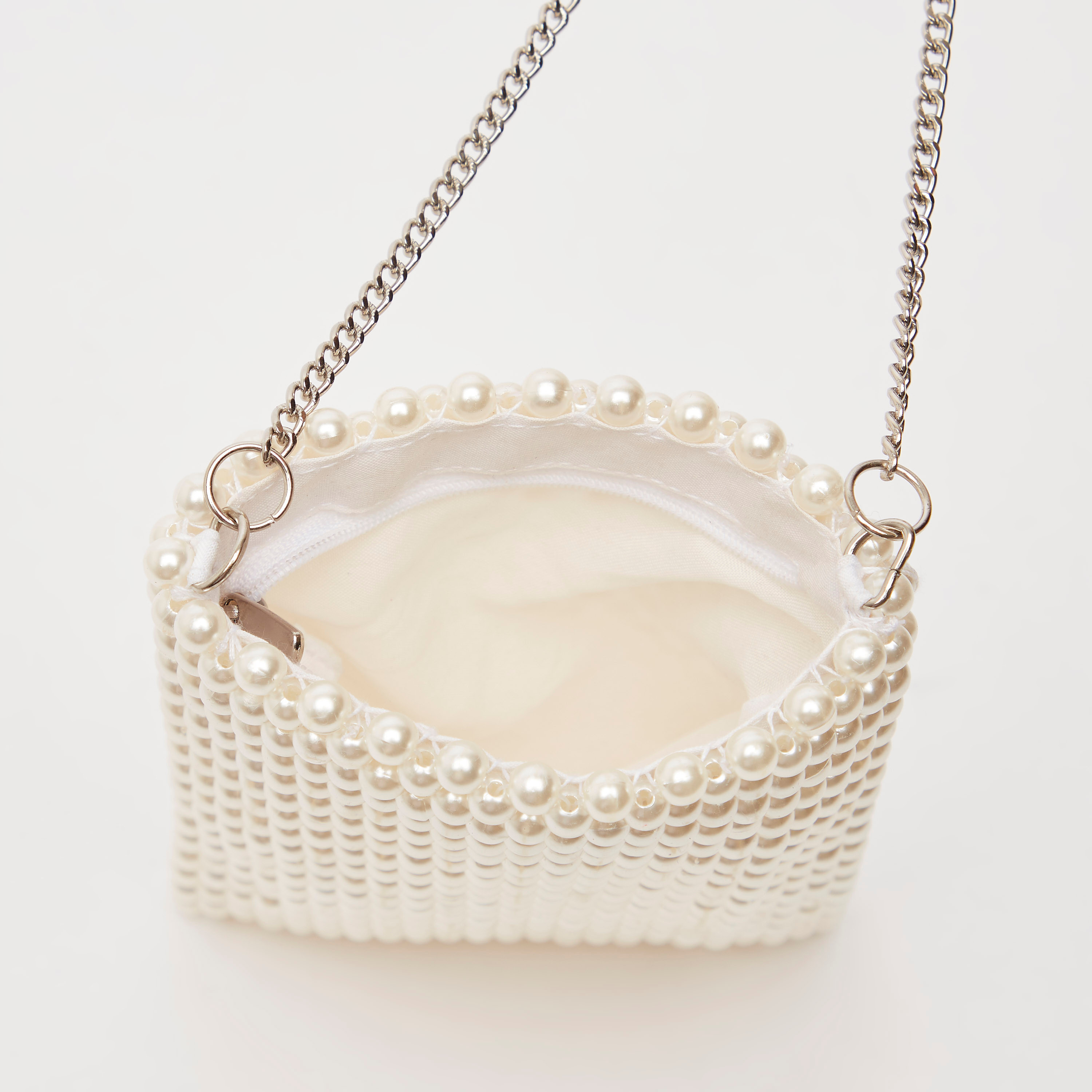 Shop Pearl Detail Crossbody Bag with Metallic Chain Strap Shop Pearl Detail Crossbody Bag with Metallic Chain Strap