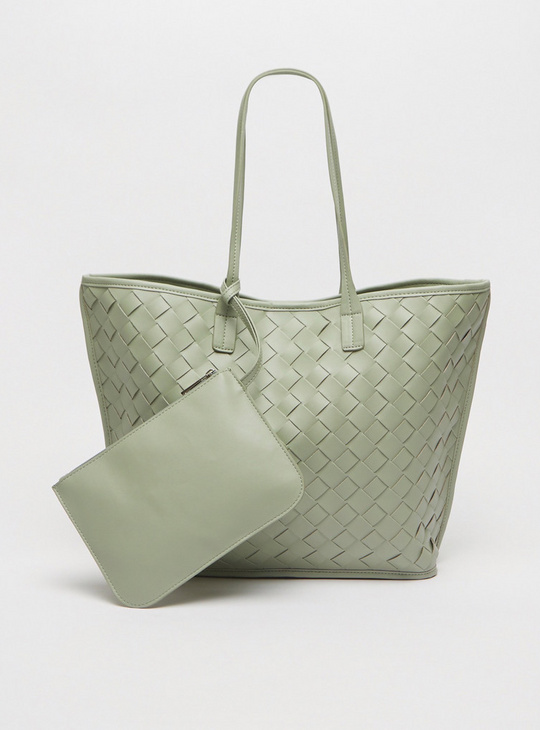 Weave Detail Tote Bag with Solid Pouch