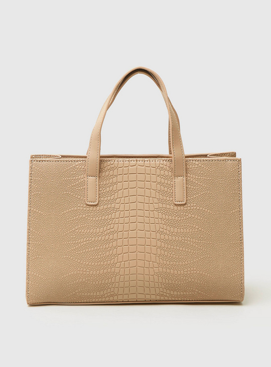 Textured Tote Bag with Zip Closure and Detachable Strap