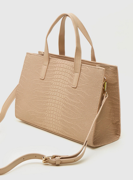 Textured Tote Bag with Zip Closure and Detachable Strap