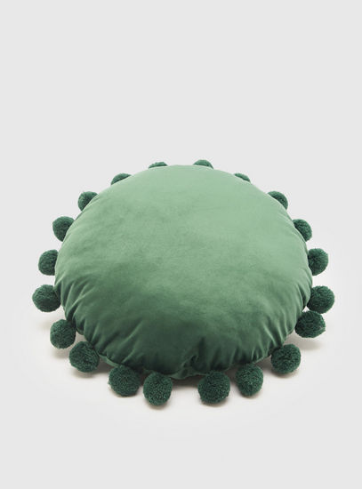 Solid Round Cushion with Pom Pom Trim - 45 cms