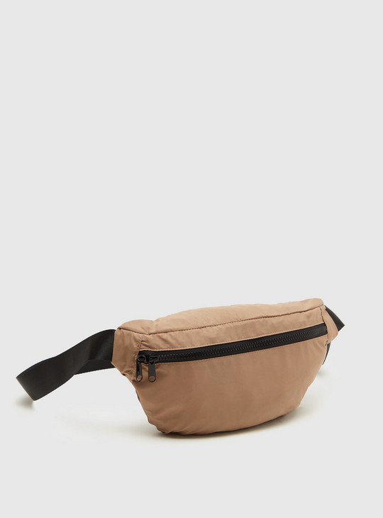 Solid Waist Bag with Adjustable Strap and Zip Closure