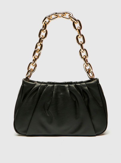 Solid Pleat Detail Handbag with Chunky Chain Strap and Zip Closure