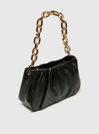 Solid Pleat Detail Handbag with Chunky Chain Strap and Zip Closure