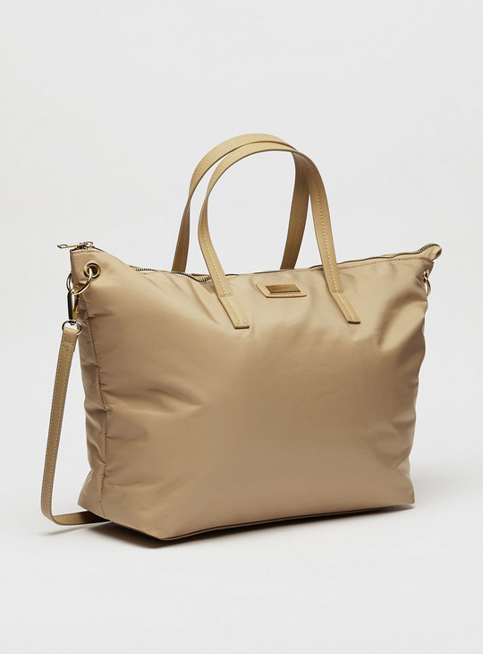 Solid Shopper Bag with Zip Closure and Double Handles