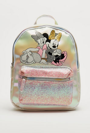 Minnie Mouse and Daisy Duck Print Glitter Backpack with Zip Closure
