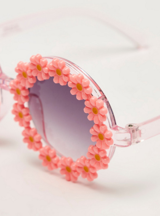 Floral Accented Tinted Lens Full Rim Sunglasses with Nose Pads