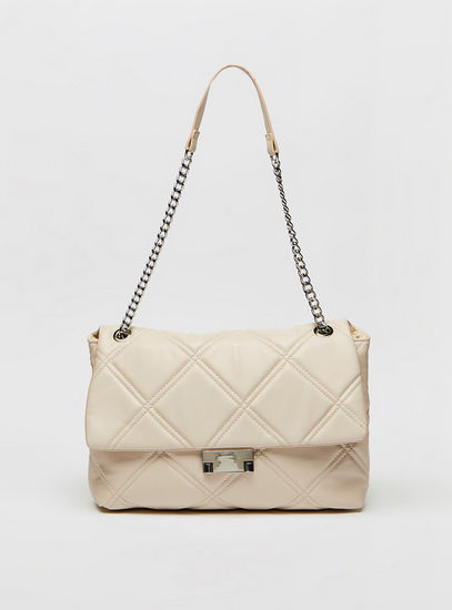 Quilted Handbag with Chain Strap and Flap Closure-Bags-image-0