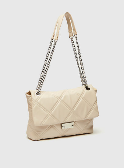 Quilted Handbag with Chain Strap and Flap Closure-Bags-image-1