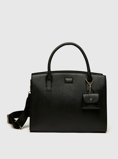 Textured Handbag with Detachable Strap and Zip Closure