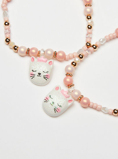 Beaded Necklace and Bracelet with Cat Pendants