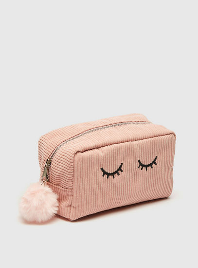 Textured Pouch with Zip Closure and Pompom Keychain