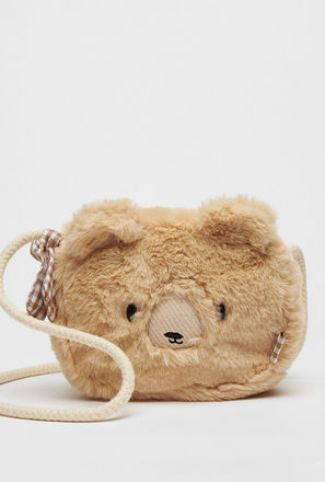 Bear Plush Textured Crossbody Bag with Zip Closure