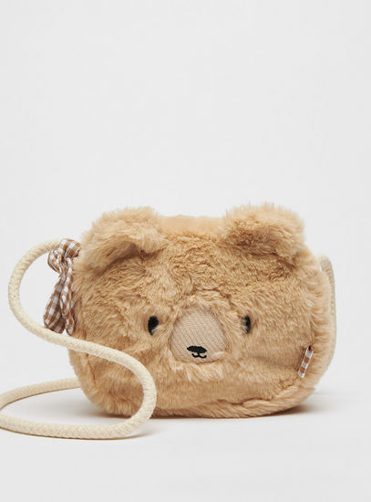 Bear Plush Textured Crossbody Bag with Zip Closure