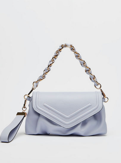 Textured Crossbody Bag with Chain Strap and Snap Button Closure