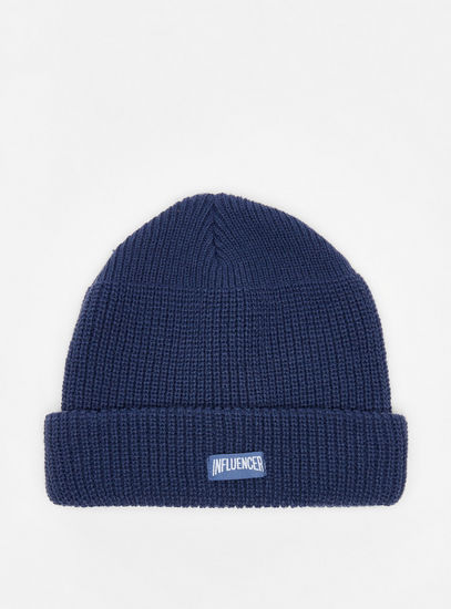 Textured Beanie Cap with Influencer Applique Detail-Caps & Hats-image-0