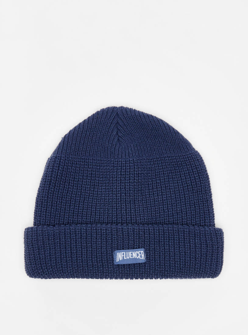 Textured Beanie Cap with Influencer Applique Detail-Caps & Hats-image-0
