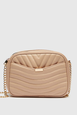 Textured Crossbody Bag with Chain Strap and Zip Closure