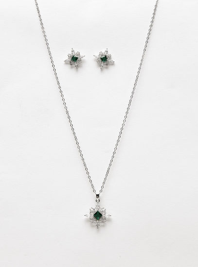 Stone and Crystal Studded Pendant Necklace and Earrings Set-Sets-image-0