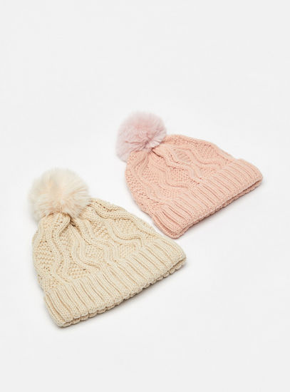 Set of 2 - Knitted Beanie with Pom Pom Accent