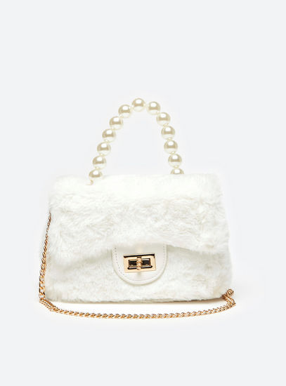 Plush Textured Satchel Bag with Pearl Embellished Handle-Bags-image-0