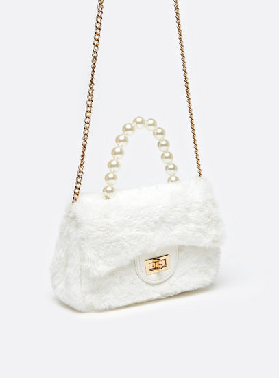 Plush Textured Satchel Bag with Pearl Embellished Handle