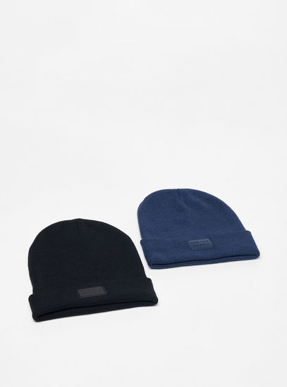 Set of 2 - Solid Cuffed Beanie Cap with Applique Detail