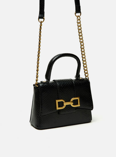 Textured Crossbody Bag with Chain Accented Strap and Button Closure