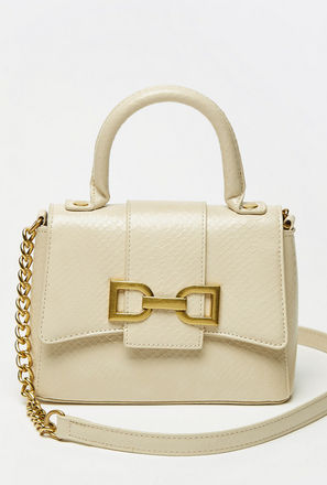 Textured Crossbody Bag with Chain Accented Strap and Button Closure
