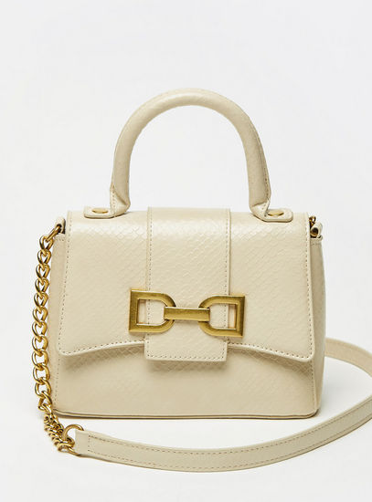 Textured Crossbody Bag with Chain Accented Strap and Button Closure-Bags-image-0