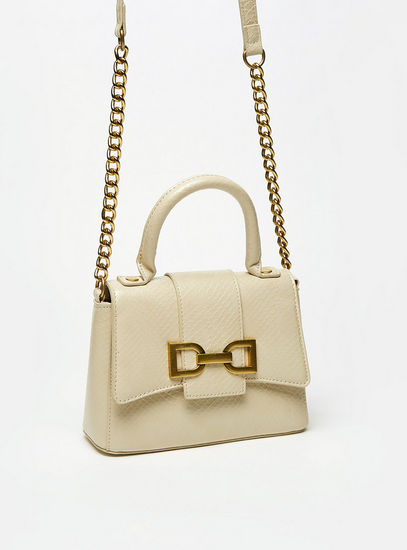 Textured Crossbody Bag with Chain Accented Strap and Button Closure-Bags-image-1
