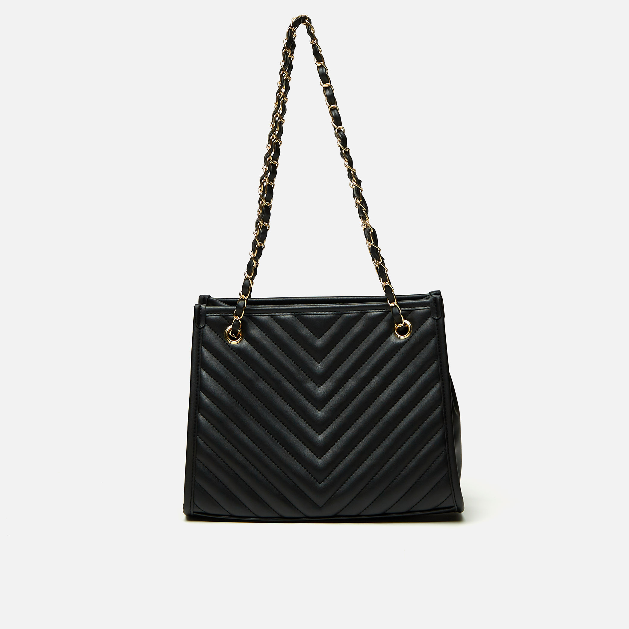 Shop Quilted Tote Bag with Chain Accented Handle and Zip Closure