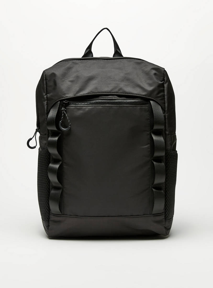 Solid Backpack with Zip Closure and Tape Detail-Bags-image-0