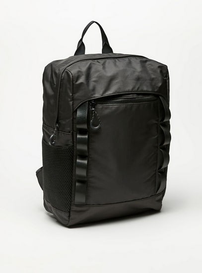 Solid Backpack with Zip Closure and Tape Detail-Bags-image-1