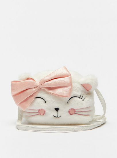 Cat Plush Textured Crossbody Bag with Bow Accent