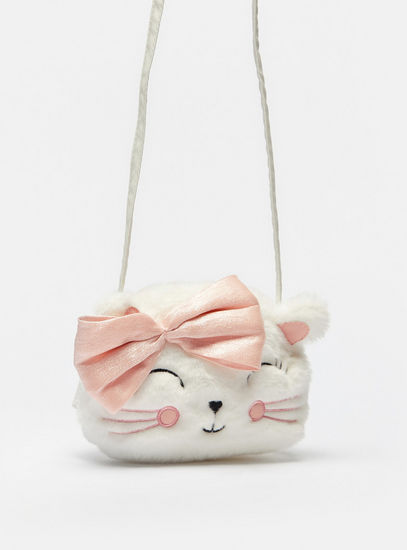 Cat Plush Textured Crossbody Bag with Bow Accent