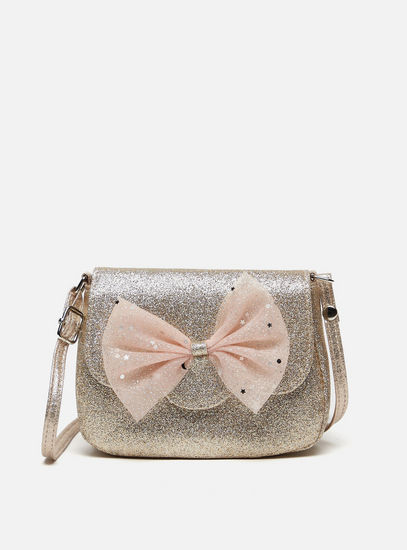 Glitter Textured Crossbody Bag with Bow Accent