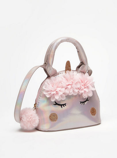 Floral Accented Unicorn Crossbody Bag with Pom Pom Charm