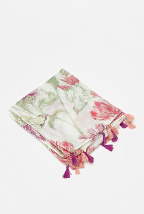 Floral Print Scarf with Tassels
