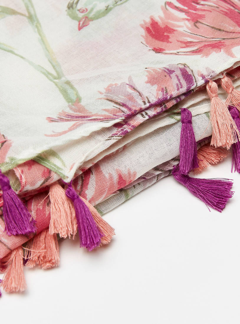 Floral Print Scarf with Tassels-Scarves-image-1