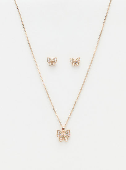Butterfly Embellished Pendant Necklace and Stud Earring Set