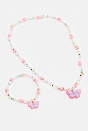 Beaded Necklace and Bracelet Set with Butterfly Pendants