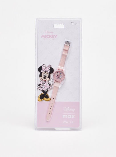 Minnie Mouse Print Studded Wrist Watch with Pin Buckle Closure