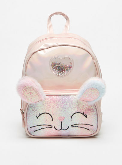 Kitty Glitter Textured Backpack with Ear Appliques and Plush Detail