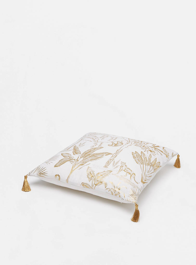 Floral Print Filled Cushion with Tassel Detail - 43x43 cm-Cushions-image-1